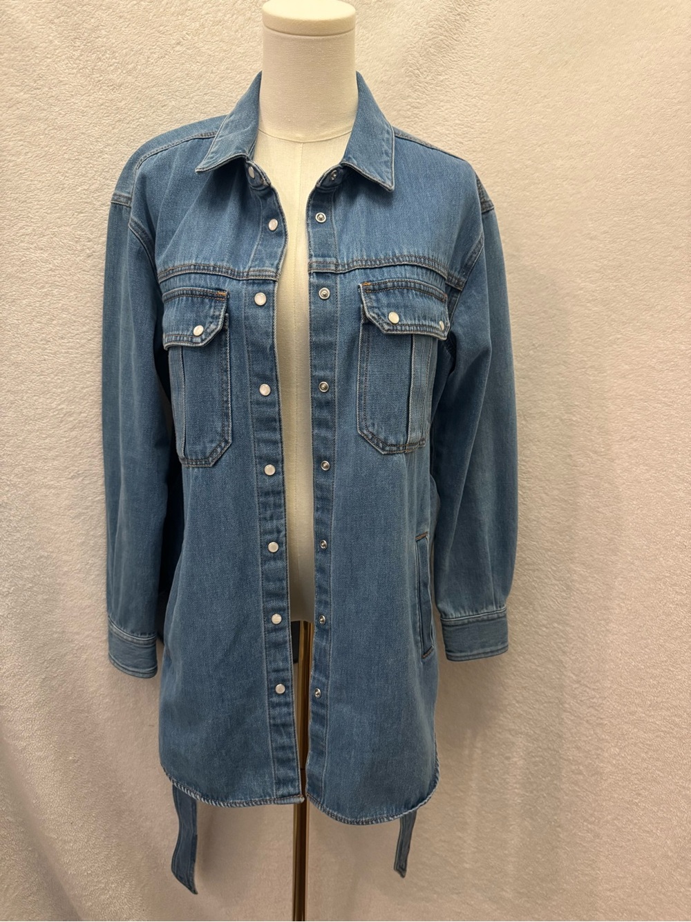 Veronica Beard Mikaela Denim Shacket Jacket Tie Pearl Snaps Size S Quiet Luxury - Picture 8 of 11